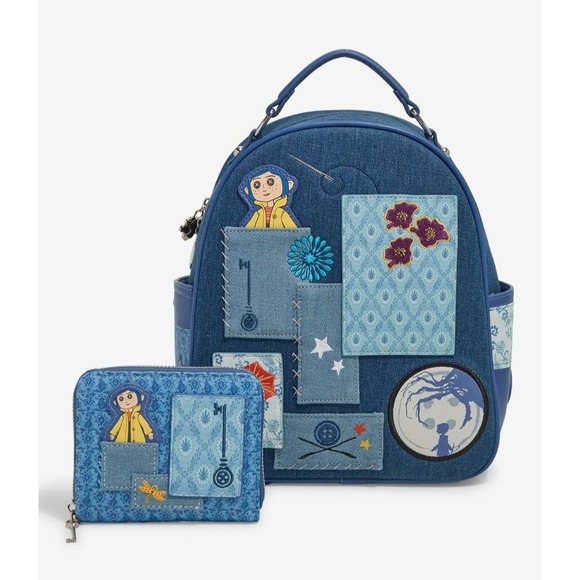 Loungefly Handbags - Loungefly Coraline Denim Backpack & Wallet Set Cosplay Patchwork Bag‎